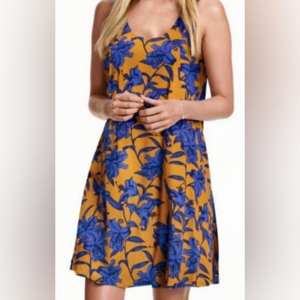H&M Floral sleeveless Dress Mustard and Blue size 14